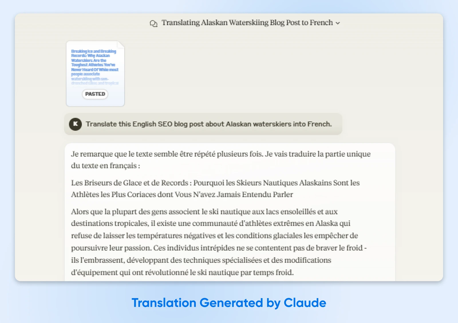 Screenshot of French translation interface showing English waterskiing article converted to French, with source text and translated output visible