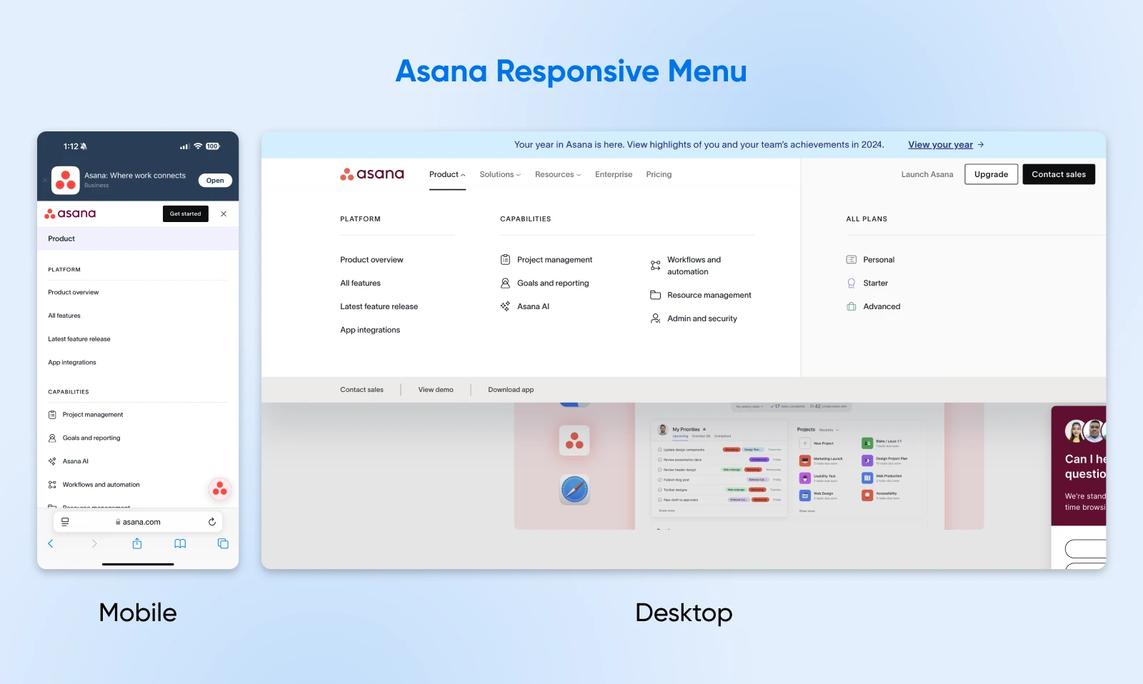 Comparison showing Asana's responsive navigation design: mobile version with collapsed menu on left, desktop version with expanded menu on right