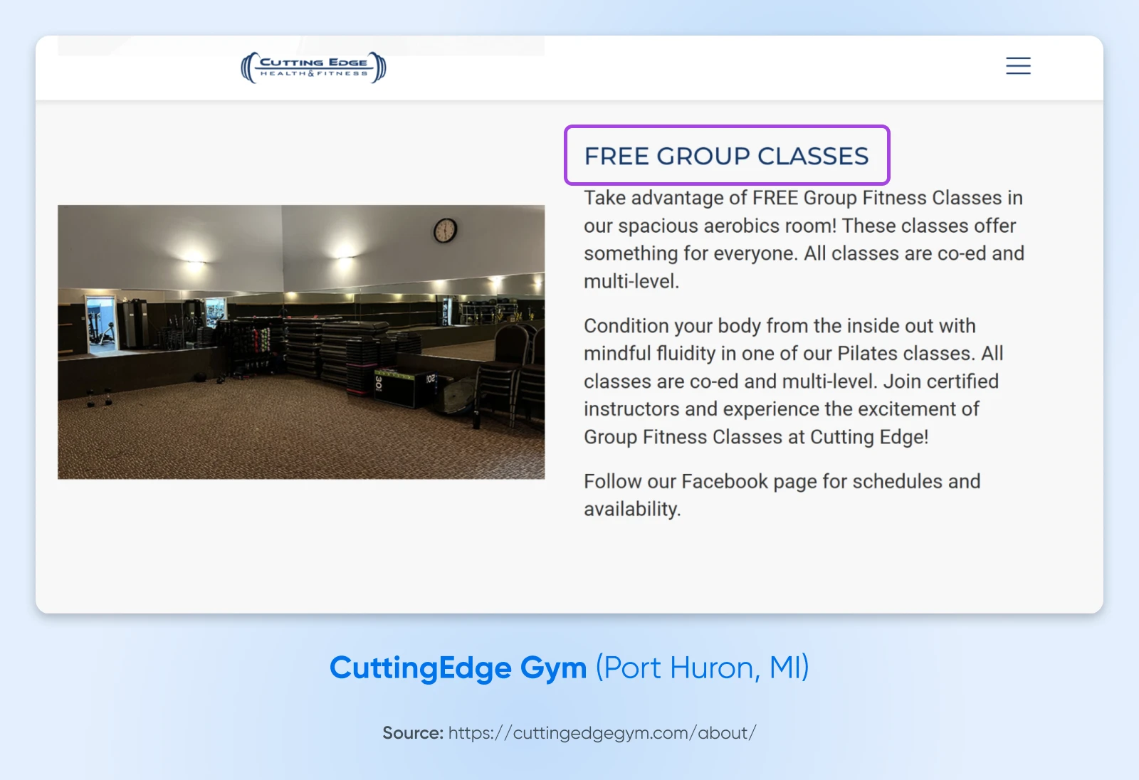 Fitness center webpage advertising free group classes, showing spacious aerobics room with mirrored walls and exercise equipment