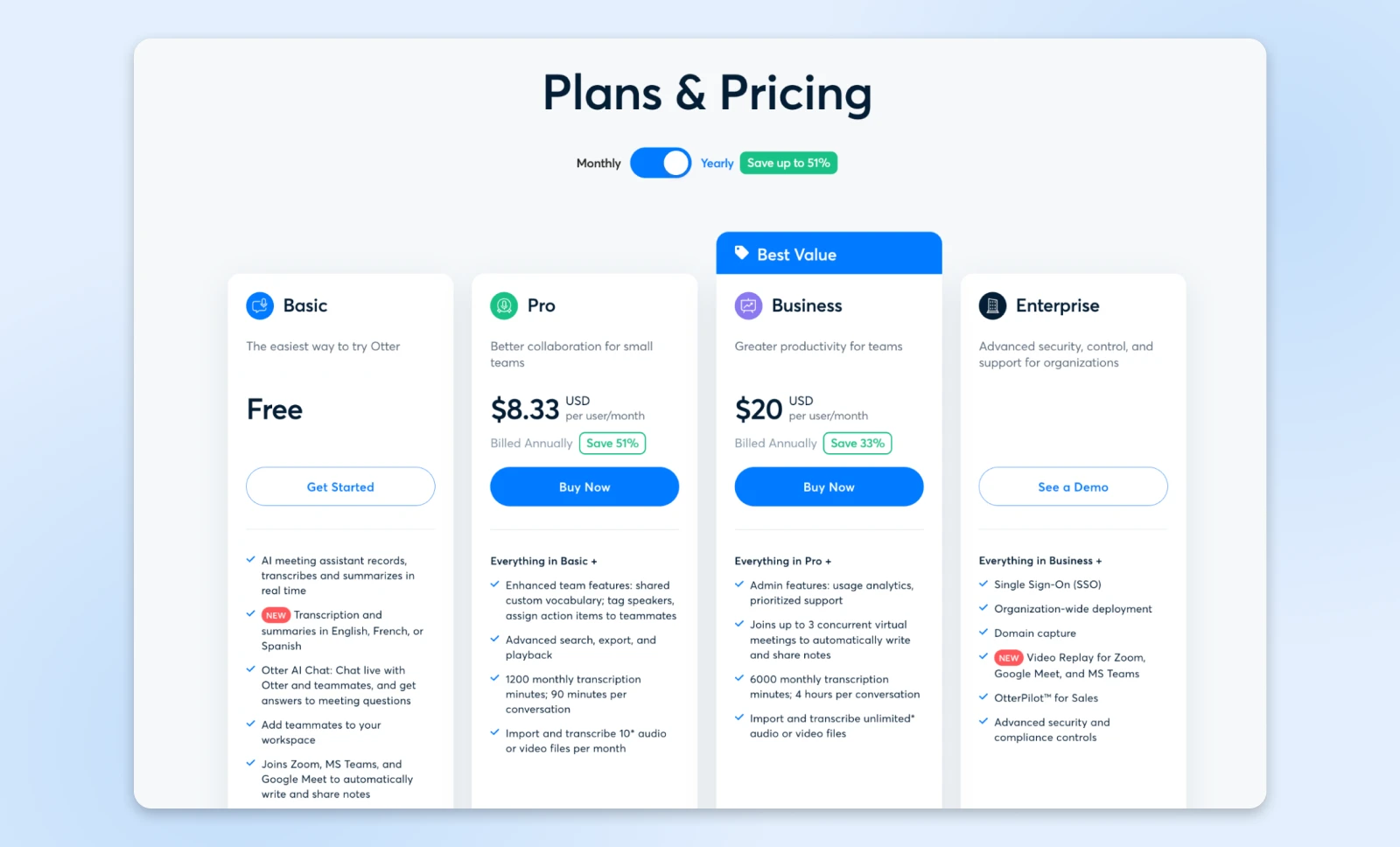 Otter.ai pricing page showing four tiers from free Basic to Enterprise with monthly and annual billing options