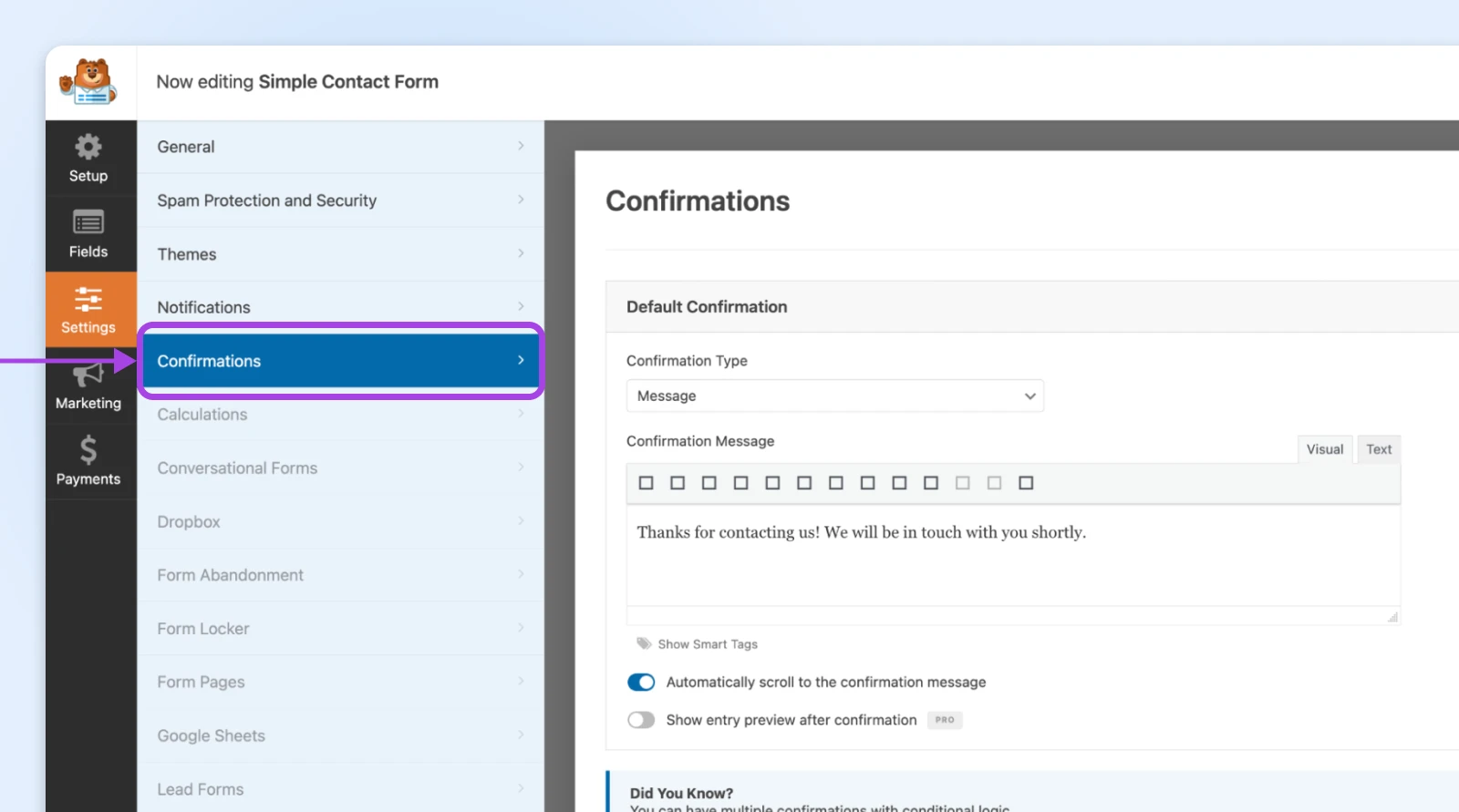 WPForms confirmation settings panel showing message type configuration with default confirmation text and auto-scroll option enabled