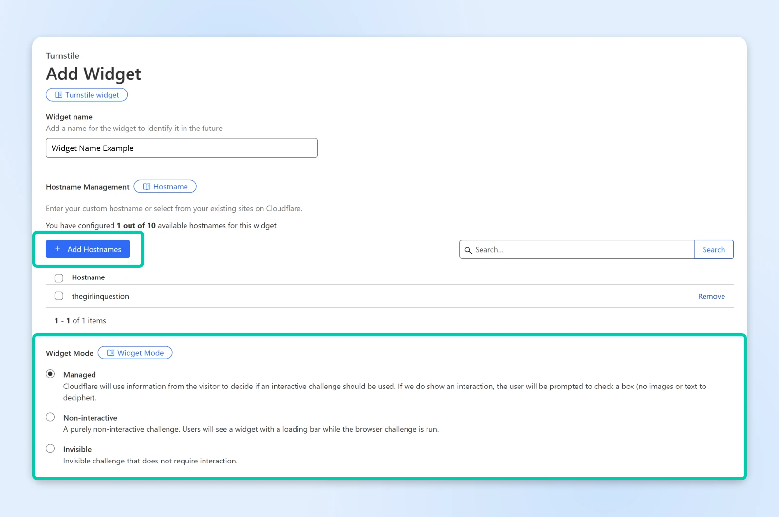 The "Add Widget" screen with a box around "+Add Hostname and around the Widget mode options