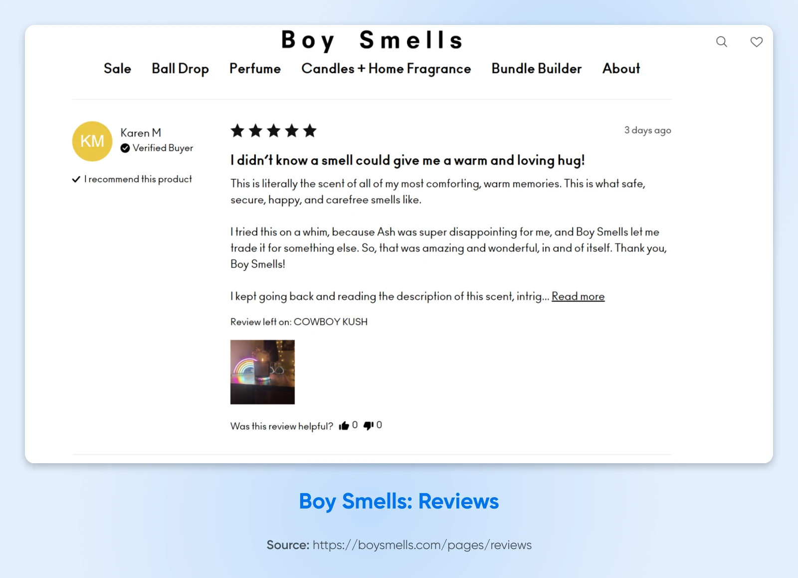 Five-star product review page from Boy Smells featuring customer feedback about their Cowboy Kush fragrance and store navigation menu