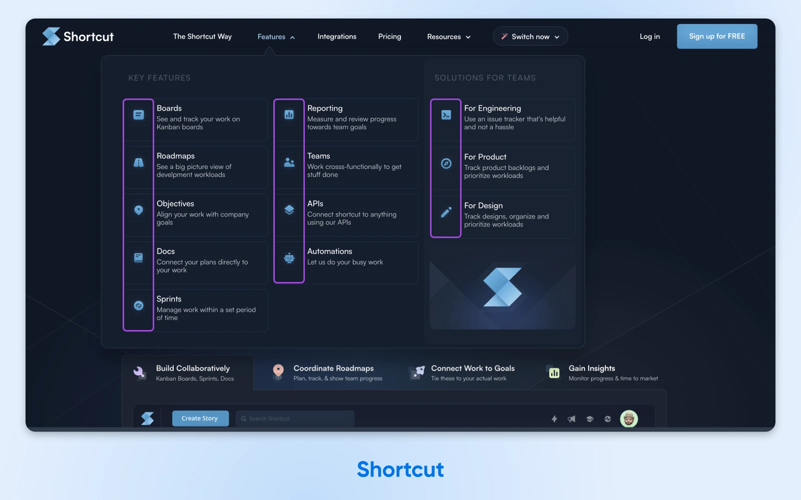 screenshot of Shortcut mega menu