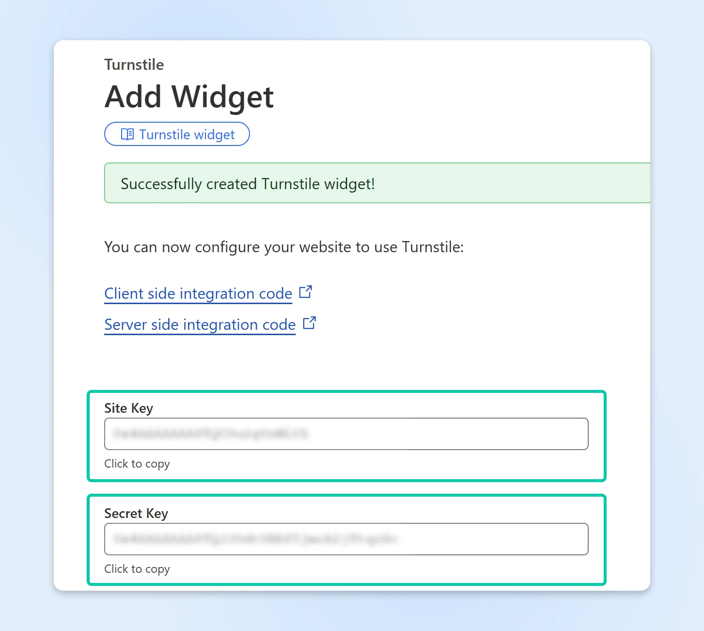 Turnstile Add Widget with two boxes around keys: Site Key and Secret Key. 