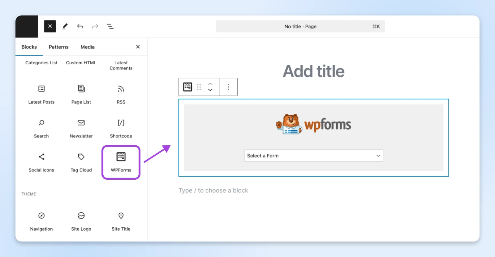 WordPress block editor showing WPForms block insertion with form selector dropdown menu