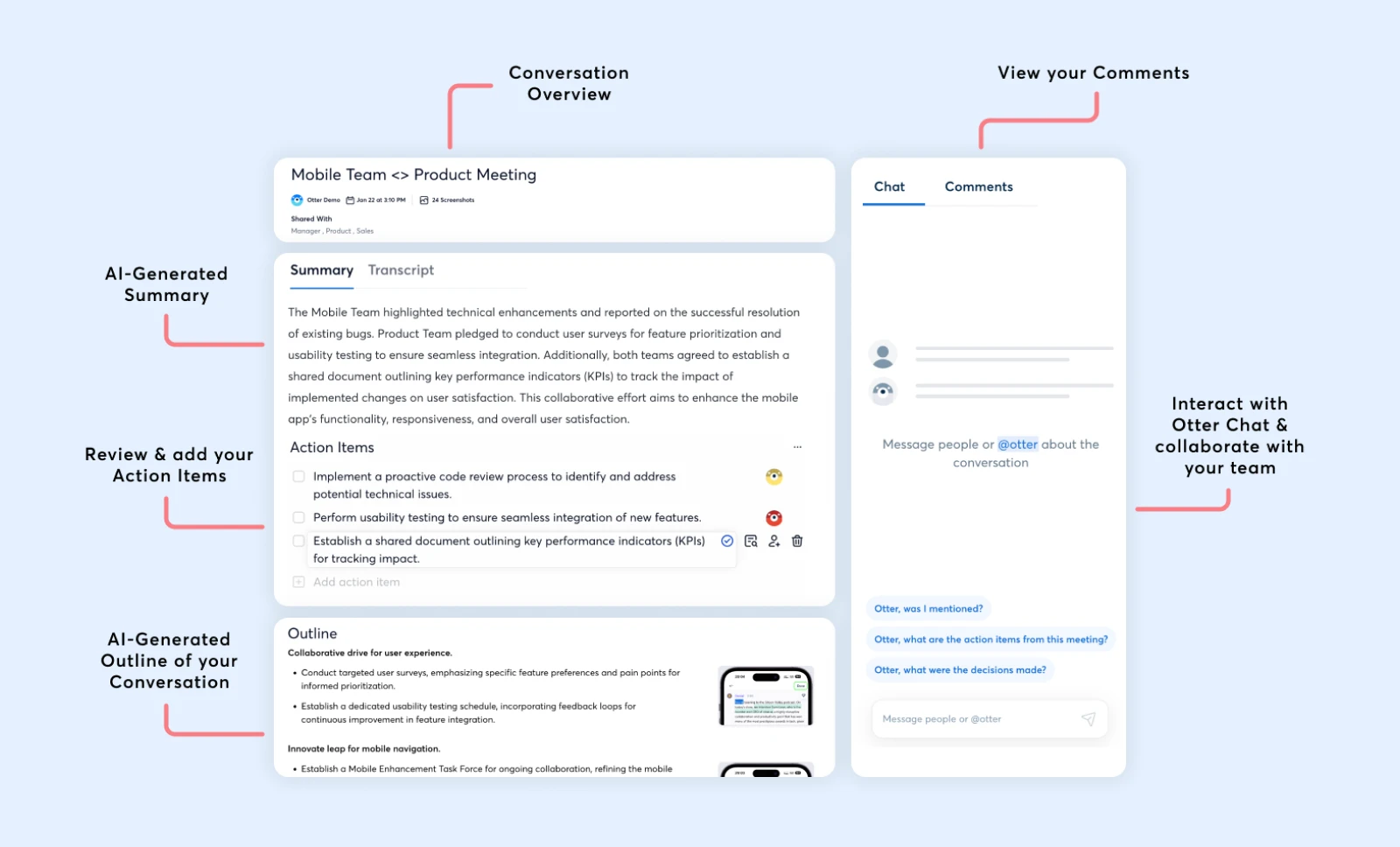 Otter meeting summary interface showing AI-generated overview, action items, and team chat features for mobile product discussion