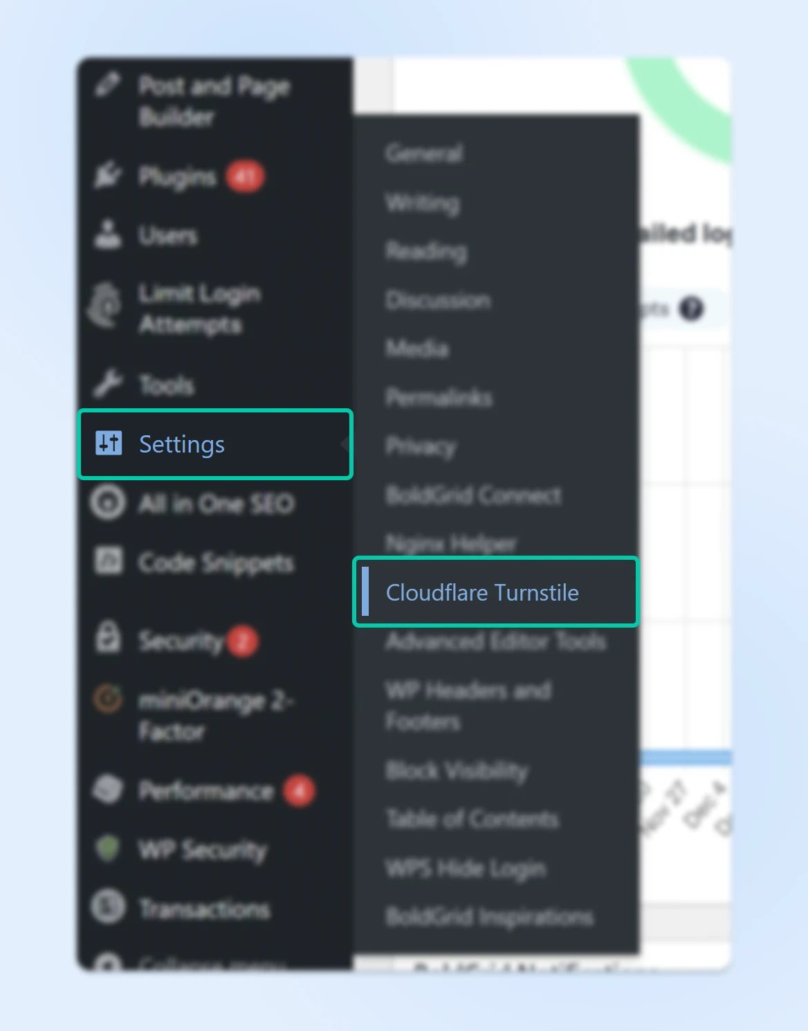 WP navigation blurred out except for the topion for Settings which opens up an additional menu with attention to Cloudflare Turnstile