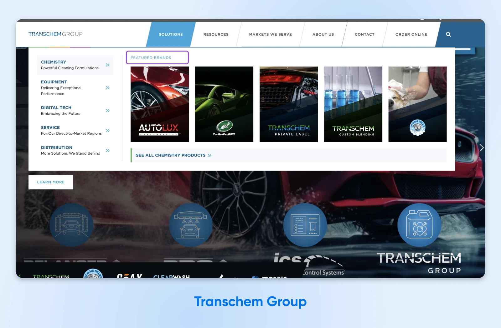 Screenshot of Transchem Group website showing navigation menu with five product categories displayed as image tiles for automotive chemicals and services