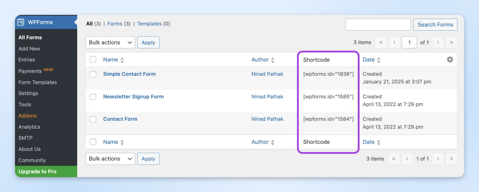 WPForms dashboard listing three forms with their shortcodes and creation dates, including Simple Contact Form, Newsletter Signup Form, and Contact Form