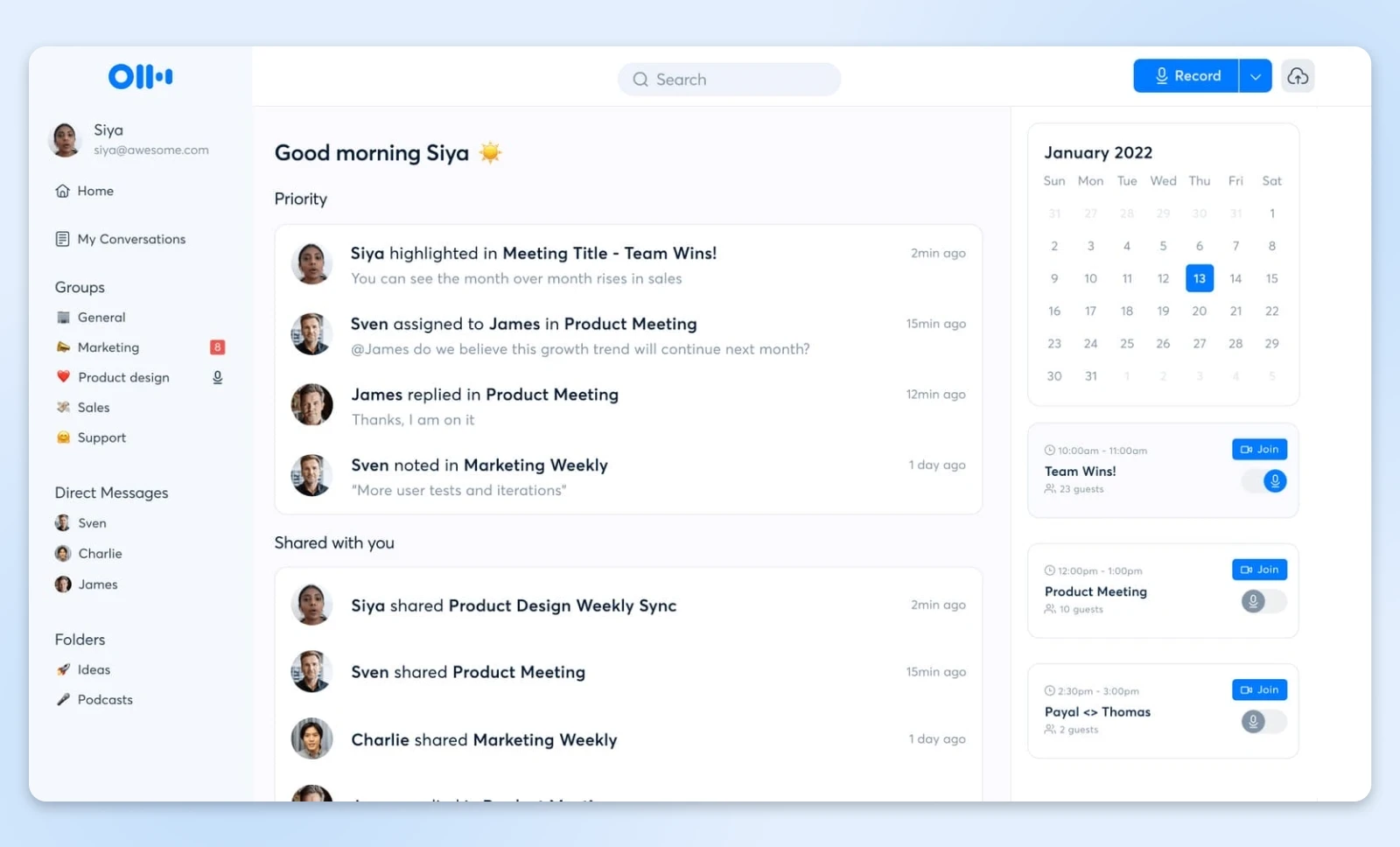 Otter workspace showing activity feed, team channels, and calendar with upcoming meetings for January 2022