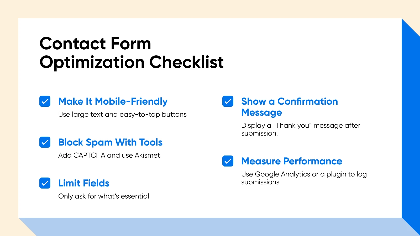 Checklist for optimizing contact forms with 5 key points: mobile-friendly design, spam blocking, minimal required fields, confirmation messages and performance tracking