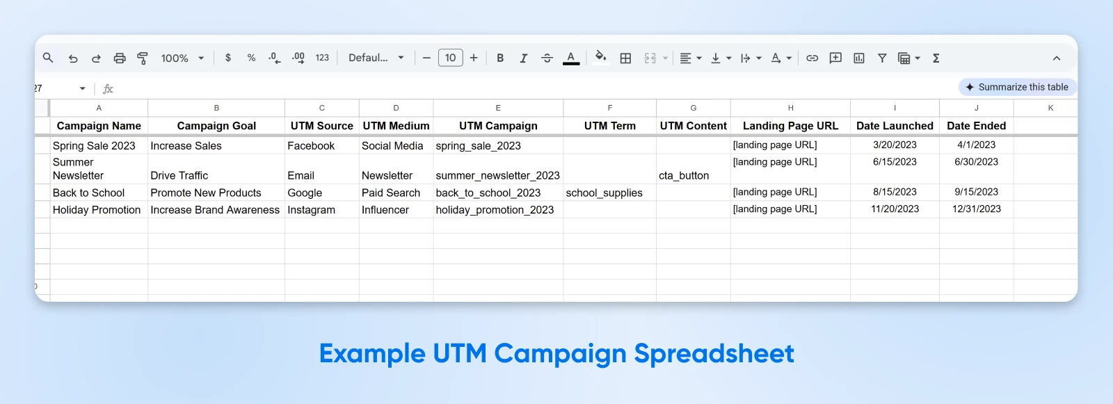 example UTM campaign spreadsheet