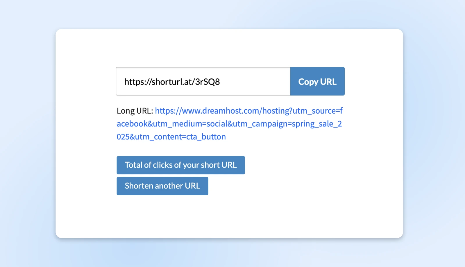 URL shortener interface showing a long campaign URL converted to shorturl.at/3rSQ8, with options to copy and track clicks