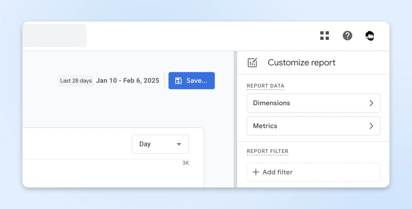 Analytics header showing date range "Jan 10 - Feb 6, 2025" with Save button and report customization options