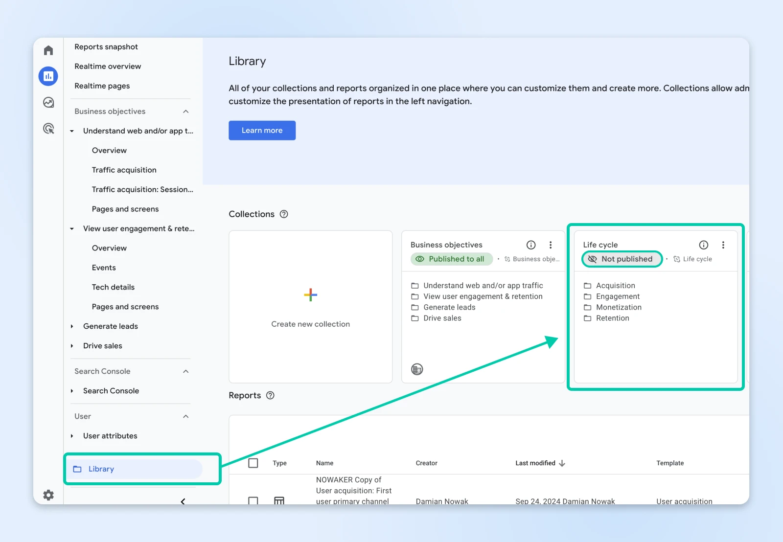 Analytics dashboard interface showing report library organization with collections and business objectives sections, highlighting navigation between Library and Life cycle views