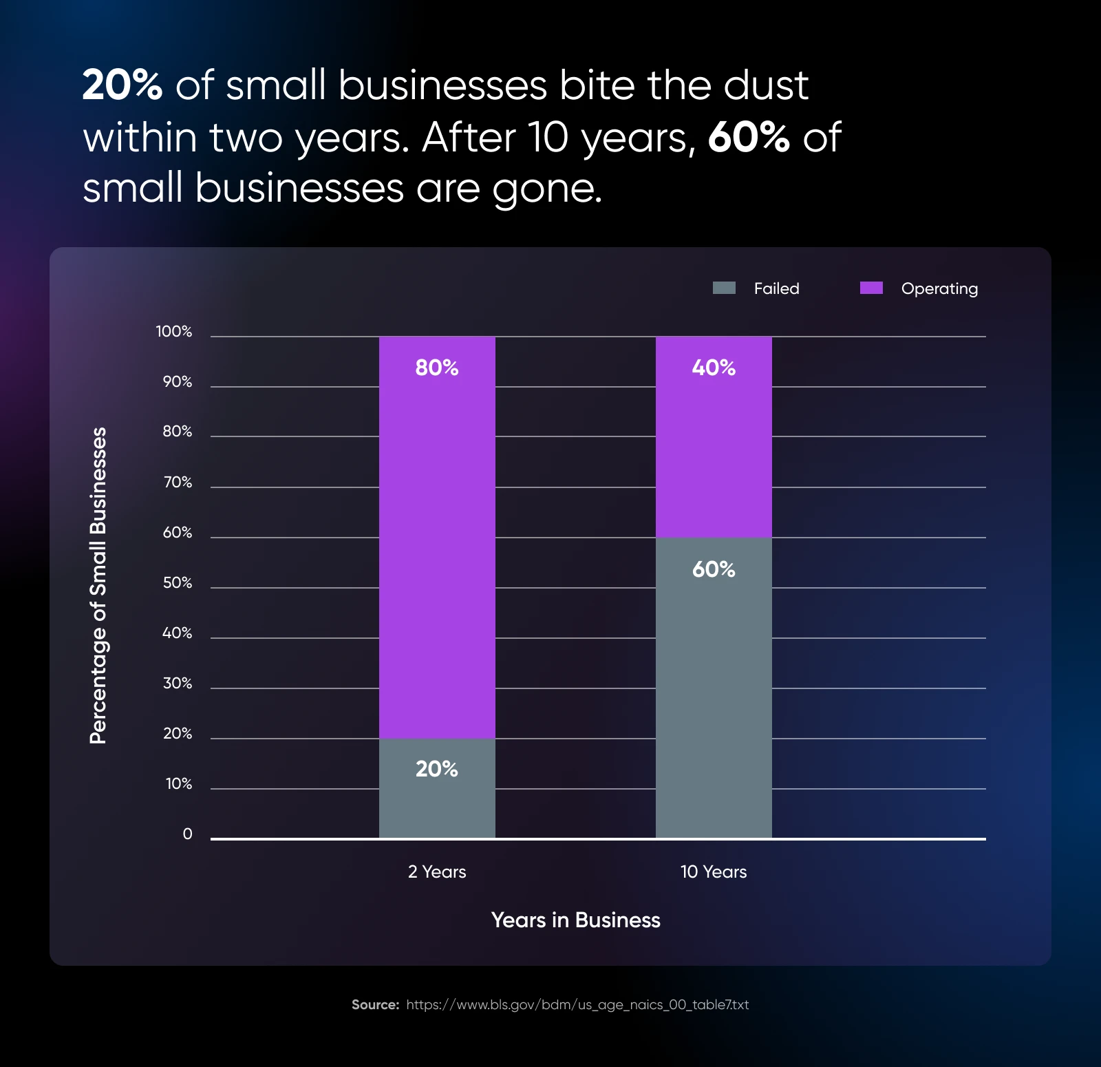 Bar chart showing small business survival rates: 20% fail within 2 years, rising to 60% failure after 10 years