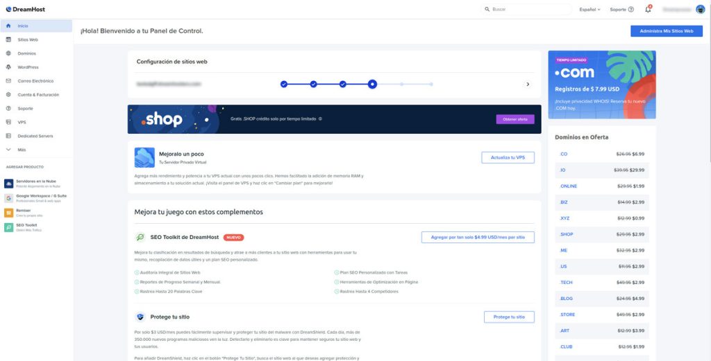 Sección inicial panel DreamHost